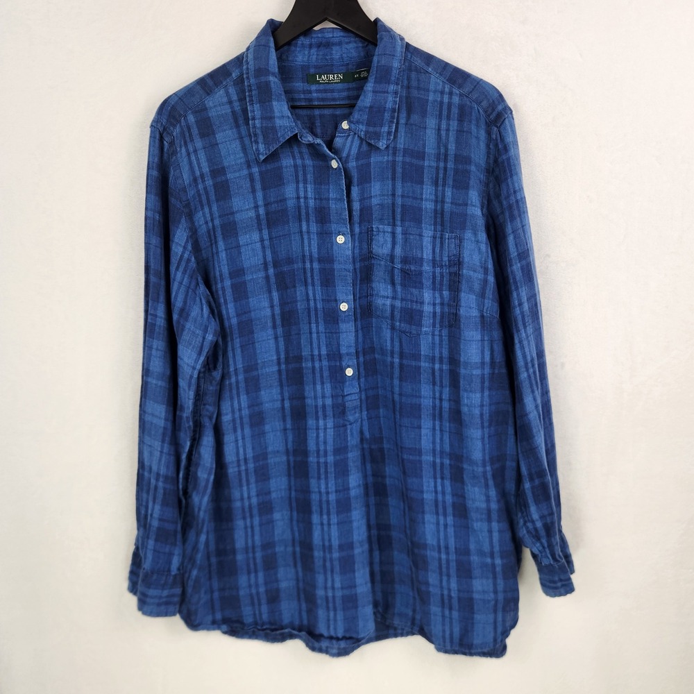 Lauren Ralph Lauren 100% Linen Button Up Tunic Women 2X Blue Plaid Prep Coastal